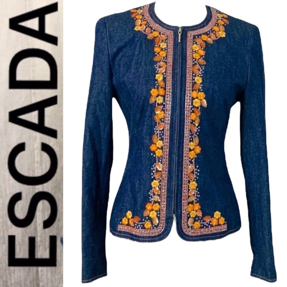 Escada Orange Flowers Appliqué and 
Sequin Jeans Jacket SIZE 38 - Picture 1 of 16